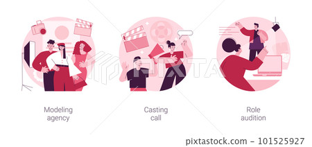 Fashion and movie industry abstract concept vector illustration set. Modeling agency, casting call, role audition, commercial shootings, brand advertising, talent search, interview abstract metaphor. 101525927
