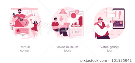 Quarantine leasure time abstract concept vector illustration set. Virtual concert, online museum tours, virtual gallery exhibition tour, art therapy, social distance, stay home abstract metaphor. Quarantine leasure time abstract concept vector illustration set. Virtual concert, online museum tours, virtual gallery exhibition tour, art therapy, social distance, stay home abstract metaphor. 101525941