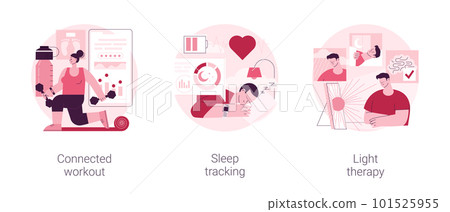 Health maintaining and wellbeing abstract concept vector illustration set. Connected workout, sleep tracking, light therapy, smart gym, sport video tutorial, wearable monitor abstract metaphor. 101525955