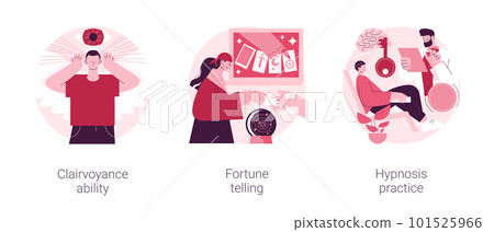 Alternative spiritual practices abstract concept vector illustration set. Clairvoyance ability, fortune telling, hypnosis practice, extrasensory ability, tarot reading services abstract metaphor. Alternative spiritual practices abstract concept vector illustration set. Clairvoyance ability, fortune telling, hypnosis practice, extrasensory ability, tarot reading services abstract metaphor. 101525966