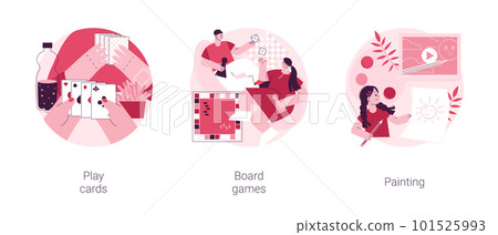 Social isolation free time spending abstract concept vector illustration set. Play cards, board games, painting, home sitting activities, family fun idea, painter online course abstract metaphor. 101525993
