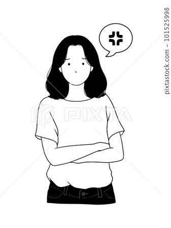 Monochrome line drawing illustration of angry woman with folded arms Monochrome line drawing illustration of angry woman with folded arms 101525998