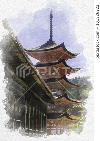 Watercolor-style Miyajima Senjokaku and five-storied pagoda, Hatsukaichi City, Hiroshima Prefecture Watercolor-style Miyajima Senjokaku and five-storied pagoda, Hatsukaichi City, Hiroshima Prefecture 101526222