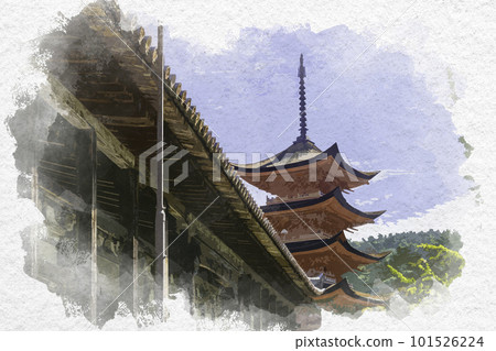 Watercolor-style Miyajima Senjokaku and five-storied pagoda, Hatsukaichi City, Hiroshima Prefecture Watercolor-style Miyajima Senjokaku and five-storied pagoda, Hatsukaichi City, Hiroshima Prefecture 101526224