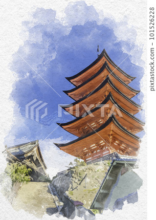 Watercolor-style Miyajima Senjokaku and five-storied pagoda, Hatsukaichi City, Hiroshima Prefecture Watercolor-style Miyajima Senjokaku and five-storied pagoda, Hatsukaichi City, Hiroshima Prefecture 101526228