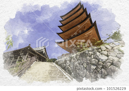 水彩風格的宮島千疊閣和五層寶塔，廣島縣廿日市市 101526229