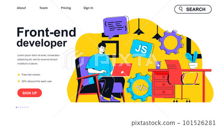 Front-end developer concept for landing page template. Man creates web page and programming. Development user interface people scene. Vector illustration with flat character design for web banner 101526281