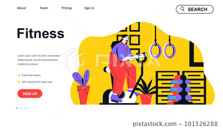 Fitness concept for landing page template. Woman exercising on stationary bike in gym. Cardio workout at sports treadmills people scene. Vector illustration with flat character design for web banner Fitness concept for landing page template. Woman exercising on stationary bike in gym. Cardio workout at sports treadmills people scene. Vector illustration with flat character design for web banner 101526288