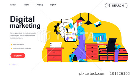 Digital marketing concept for landing page template. Marketer analyzes data, makes ads in mobile app. Online promotion people scene. Vector illustration with flat character design for web banner Digital marketing concept for landing page template. Marketer analyzes data, makes ads in mobile app. Online promotion people scene. Vector illustration with flat character design for web banner 101526303