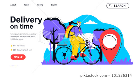Delivery on time concept for landing page template. Woman courier carries parcel on bicycle to client. Express shipment people scene. Vector illustration with flat character design for web banner Delivery on time concept for landing page template. Woman courier carries parcel on bicycle to client. Express shipment people scene. Vector illustration with flat character design for web banner 101526314
