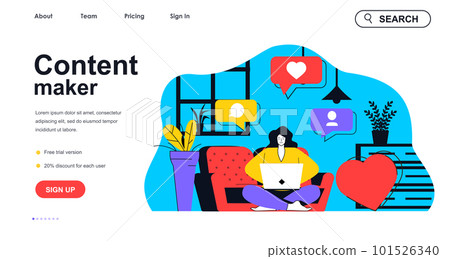 Content maker concept for landing page template. Woman creates content for social networks. Blogging and business promotion people scene. Vector illustration with flat character design for web banner Content maker concept for landing page template. Woman creates content for social networks. Blogging and business promotion people scene. Vector illustration with flat character design for web banner 101526340