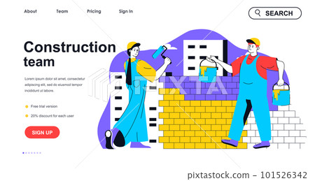Construction team concept for landing page template. Woman painting walls and man working on building site. Real estate people scene. Vector illustration with flat character design for web banner Construction team concept for landing page template. Woman painting walls and man working on building site. Real estate people scene. Vector illustration with flat character design for web banner 101526342
