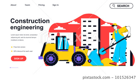 Construction engineering concept for landing page template. Builder with shovel working with bulldozer. Real estate business people scene. Vector illustration with flat character design for web banner 101526347