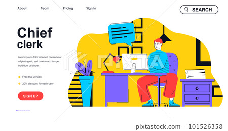 Chief clerk concept for landing page template. Employee doing tasks and working on computer in office. Supervisor workspace people scene. Vector illustration with flat character design for web banner 101526358