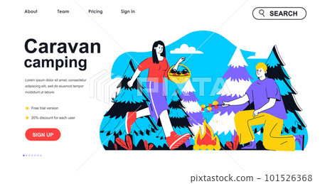 Caravan camping concept for landing page template. Woman and man resting, picking mushrooms and frying on campfire. Hiking people scene. Vector illustration with flat character design for web banner 101526368