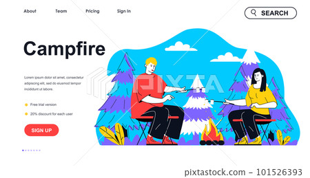 Campfire camping concept for landing page template. Man and woman fries marshmallows at campsite in forest. Outdoor activity people scene. Vector illustration with flat character design for web banner 101526393