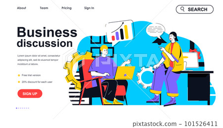 Business discussion concept for landing page template. Employees in office discussing work tasks. Teamwork and cooperation people scene. Vector illustration with flat character design for web banner Business discussion concept for landing page template. Employees in office discussing work tasks. Teamwork and cooperation people scene. Vector illustration with flat character design for web banner 101526411