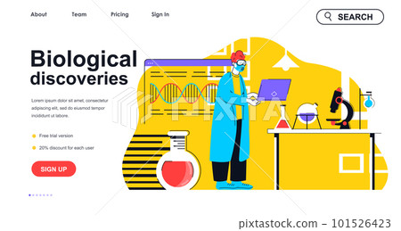 Biological discoveries concept for landing page template. Scientist in mask does research and scientific tests in laboratory people scene. Vector illustration with flat character design for web banner 101526423
