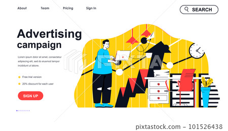 Advertising campaign concept for landing page template. Man making ads and doing business promotion. Social media marketing people scene. Vector illustration with flat character design for web banner Advertising campaign concept for landing page template. Man making ads and doing business promotion. Social media marketing people scene. Vector illustration with flat character design for web banner 101526438