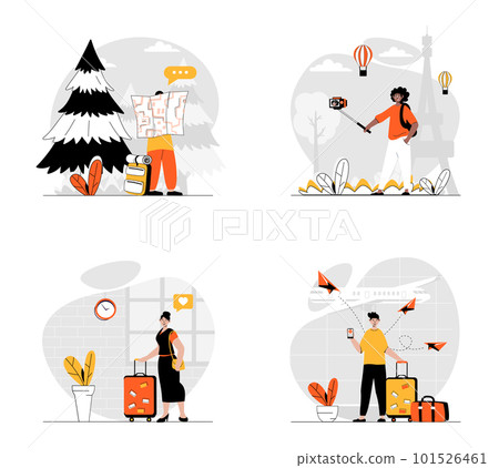 Traveling concept with character set. Collection of scenes people with luggage flight and go on vacation, hiking in forest and sightseeing trip, making selfie. Vector illustrations in flat web design 101526461