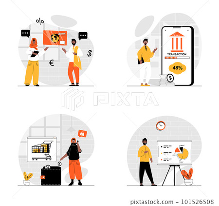Payment concept with character set. Collection of scenes arabic muslim people using online banking services, paying with credit cards for orders and purchases. Vector illustrations in flat web design Payment concept with character set. Collection of scenes arabic muslim people using online banking services, paying with credit cards for orders and purchases. Vector illustrations in flat web design 101526508