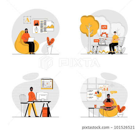 Freelance working concept with character set. Collection of scenes people working remote as designer, developer, manager, data analyst, programmer at home. Vector illustrations in flat web design 101526521