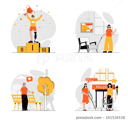 Disabilities people concept with character set. Collection of scenes disabilities people being rehabilitated at hospital, walk in park, wining Paralympic Games. Vector illustrations in flat web design 101526538
