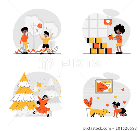Children playing concept with character set. Collection of scenes people childs, boys and girls playing with ball or cubes, walking in park, take care dog. Vector illustrations in flat web design Children playing concept with character set. Collection of scenes people childs, boys and girls playing with ball or cubes, walking in park, take care dog. Vector illustrations in flat web design 101526558