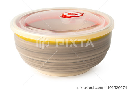 Ceramic bowl with plastic lid on white background Ceramic bowl with plastic lid on white background 101526674