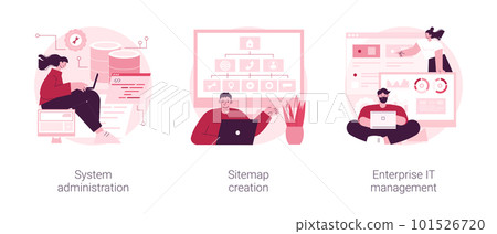 Computer systems abstract concept vector illustration set. System administration, sitemap creation, enterprise IT management, website optimization, IT software solutions abstract metaphor. 101526720