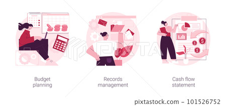 Financial report abstract concept vector illustration set. Budget planning, records management, cash flow statement, money spending, document tracking, balance sheet, company debt abstract metaphor. Financial report abstract concept vector illustration set. Budget planning, records management, cash flow statement, money spending, document tracking, balance sheet, company debt abstract metaphor. 101526752