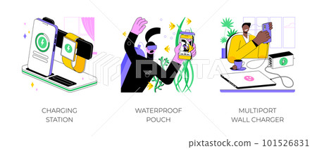 Electronics accessories and supplies isolated cartoon vector illustrations set. Wireless charging station, waterproof pouch, multiport wall charger, modern mobile technology vector cartoon. 101526831