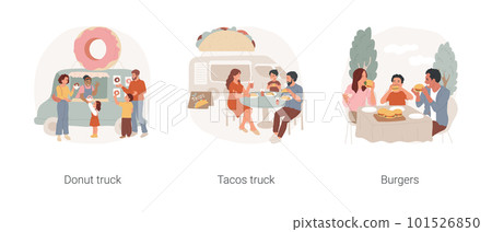 Eating outdoors isolated cartoon vector illustration set. Donut truck, small eatery business, sell tachos from van, takeaway burgers, street food festival, family eating outdoors vector cartoon. 101526850