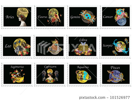 12 星座復古郵票風格標籤設計 101526977