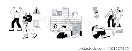 Social problems abstract concept vector illustration set. Social behaviour, street children, marginalization, youth abuse, gang fighting, domestic violence, school bullying, outcast abstract metaphor. 101527235