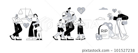Marital status abstract concept vector illustration set. Separated person, single parent, widowed person, child custody, legal separation, husband and wife, broken heart abstract metaphor. 101527238