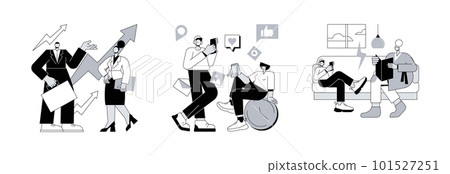 Society development abstract concept vector illustration set. Generation X and Z, young people and parents conflict, generation gap, middle age work-life balance, social media abstract metaphor. 101527251