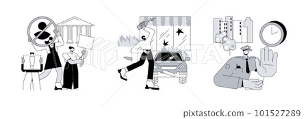 Government policy abstract concept vector illustration set. Political protest, looting and curfew, riot police, political activism, mass unrest, street action, demonstration abstract metaphor. 101527289