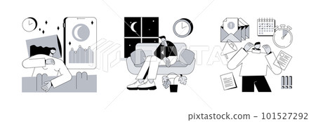 Stress management abstract concept vector illustration set. Sleep tracking and deprivation, work pressure, digital tracker, mental health, chronic anxiety, deadline pressure abstract metaphor. 101527292