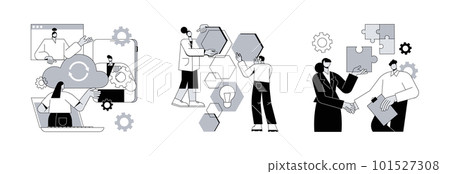 Business support abstract concept vector illustration set. Unified communication, design structure matrix, mutual assistance, project management, team work, shaking hands abstract metaphor. 101527308