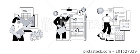 Tax software program abstract concept vector illustration set. Desktop tax filing software, mobile app and online service, income statement, IRS form, gather paperwork abstract metaphor. 101527329