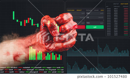 Close-up of a man's fist covered in blood. financial crime. Stock charts on a virtual screen. 101527480