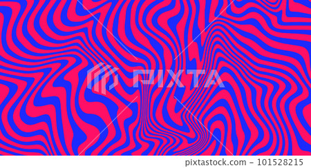 Retro groovy background. Vintage trippy psychedelic wallpaper. Blue red liquid hippie texture. Colorful wavy pattern for poster in 60s or 70s style. Vector 101528215