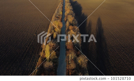 Beautiful landscape view old asphalt road with trees and shadows between large plowed agricultural fields of black soil on sunny autumn evening. Flying over dug agrarian fields of earth. Aerial drone Beautiful landscape view old asphalt road with trees and shadows between large plowed agricultural fields of black soil on sunny autumn evening. Flying over dug agrarian fields of earth. Aerial drone 101528710