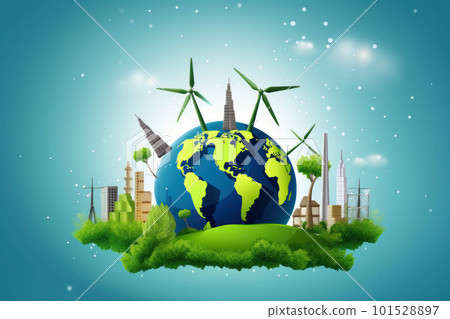 Renewable energy generation with wind turbines on green landscape. Sustainable production of clean power and eco-friendly technology. Generative AI.. Renewable energy generation with wind turbines on green landscape. Sustainable production of clean power and eco-friendly technology. Generative AI.. 101528897