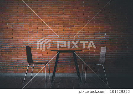 Balcony with red brick wall and table chairs set Balcony with red brick wall and table chairs set 101529233