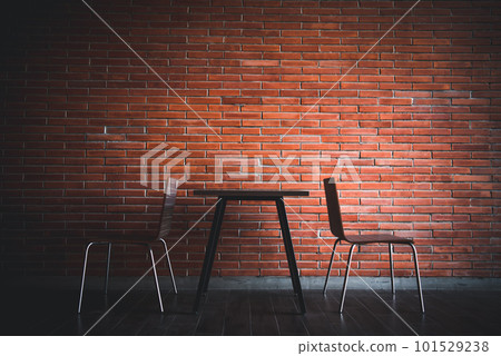 Balcony with red brick wall and table chairs set Balcony with red brick wall and table chairs set 101529238