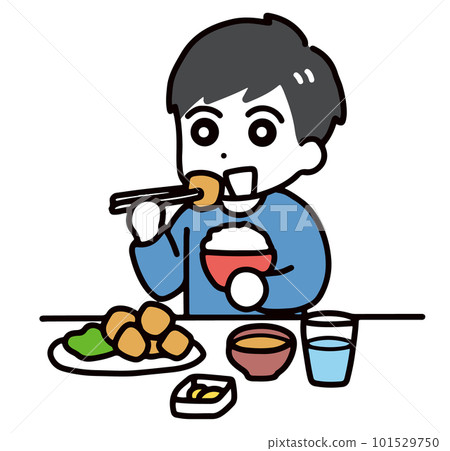 A young man in casual clothes (upper body) eating rice, fried chicken, miso soup, etc. A young man in casual clothes (upper body) eating rice, fried chicken, miso soup, etc. 101529750