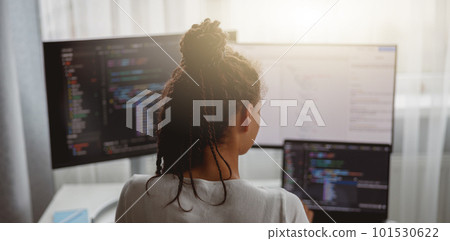 Professional female programmer working on new project on computer at home, back view Professional female programmer working on new project on computer at home, back view 101530622