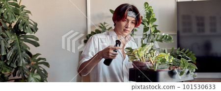 Asian man caring and spraying water on indoor house plant Asian man caring and spraying water on indoor house plant 101530633